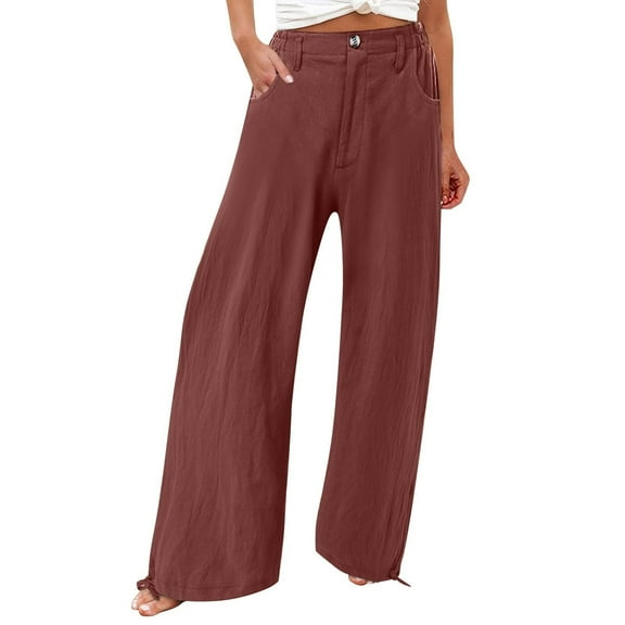 BXINGOHAI Womens Linen Pants Button High Waisted Wide Leg Pants Casual Elastic Waist Palazzo Pants Outdoor Beach Long Pants With Pockets Wine,S