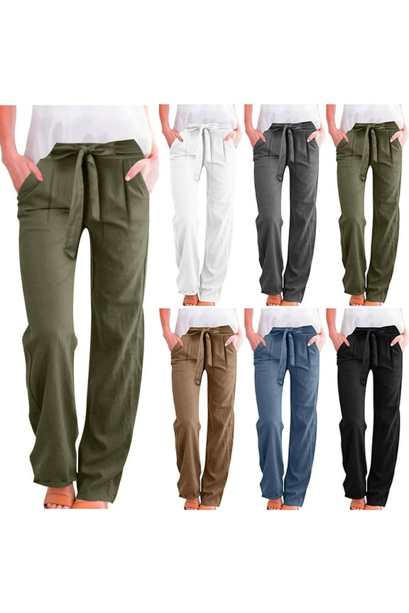 Womens Linen Pants Long Length Tall, Palazzo Pants for Ladies, High Waist Wide Leg Casual Pants, Summer Trousers Black M