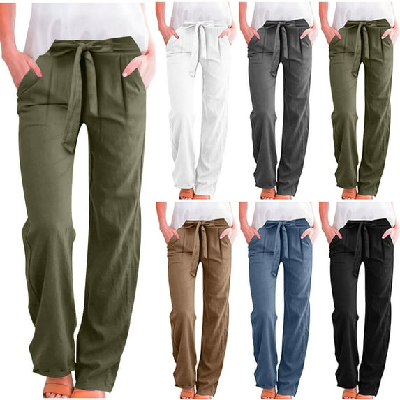 BXINGOHAI Womens Linen Pants Long Length Tall, Palazzo Pants for Ladies, High Waist Wide Leg Casual Pants, Summer Trousers Coffee S