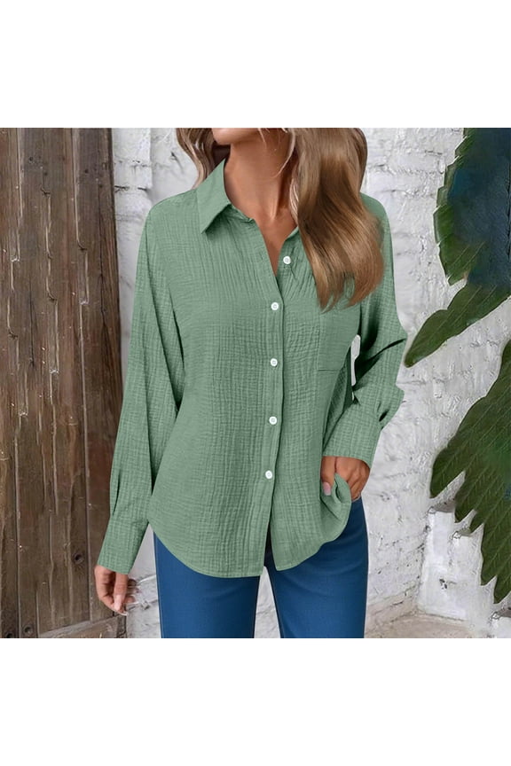 Womens Long Sleeve Button Down Shirts Collared Work Tops Textured Loose Blouse Army Green,2XL