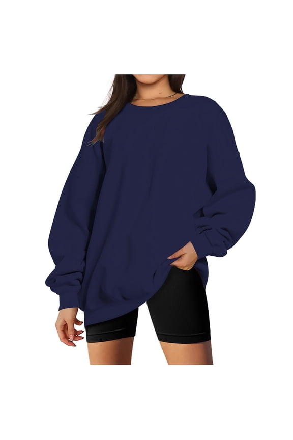 Womens Long Sleeve Shirts Solid Basic Tee Fall Tops Loose Fit Crewneck Blouse 2024 Loungwear Tunic Under $10 Navy,M