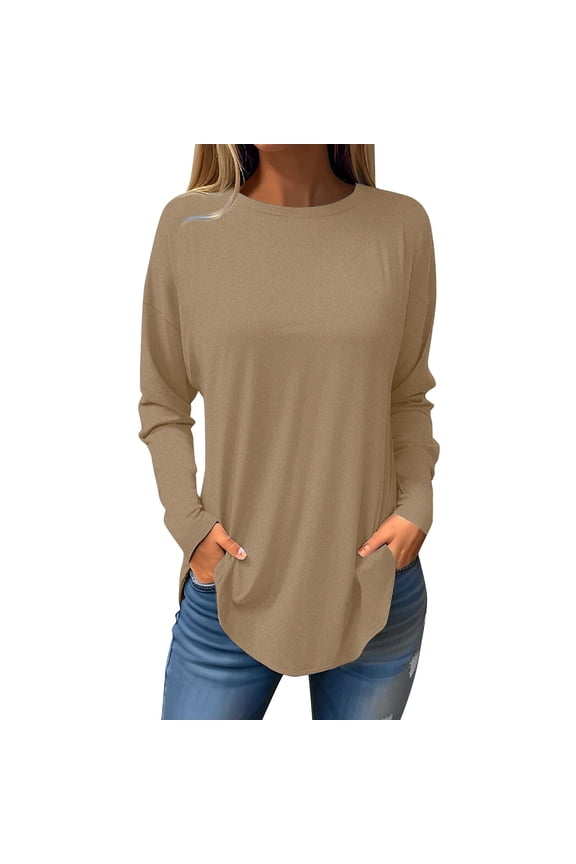 Womens Long Sleeve Tops Fashion Fall Crewneck Shirts Solid Basic Pullover Blouse Outdoor Daily Tunic Tees Under $10 Khaki,S