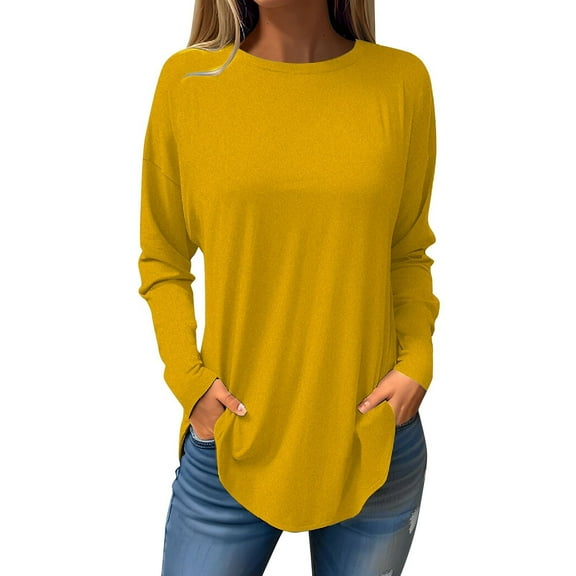BXINGOHAI Womens Long Sleeve Tops Fashion Fall Crewneck Shirts Solid Basic Pullover Blouse Outdoor Daily Tunic Tees Under $10 Yellow,XL