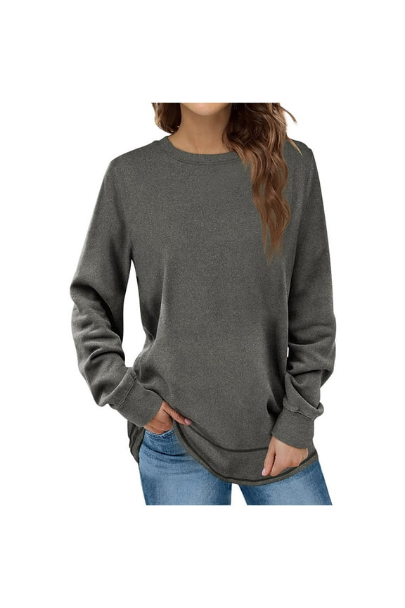 Womens Long Sleeve Tops Fashion Fall Winter Round-Neck Shirts Solid Basic Pullover Blouse Outdoor Daily Tunic Tees Under $10 Gray,M