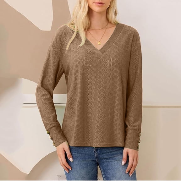BXINGOHAI Womens Long Sleeve Tops T Shirts V Neck Casual Top Comfortable Shirt Soft Basic Tees Women Blouses Khaki,S