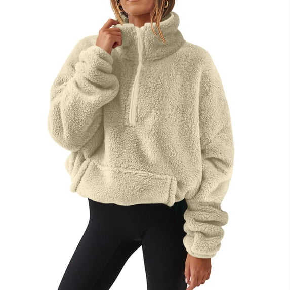 BXINGOHAI Womens Loose Casual Zipper Sherpa Fleece Pockets Pullover Sweatshirt for Women Beige L
