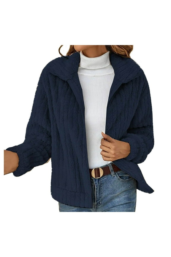 Womens Open Front Cardigans Casual Long Sleeve Zip Sweaters Fall Winter Cardigan Solid Color Outwear Coats Dark Blue,M