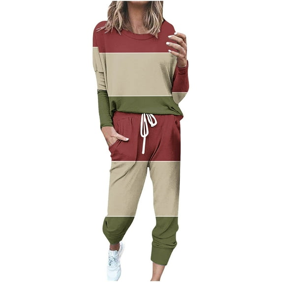 BXINGOHAI Womens Oversized 2 Piece Sets Fashion Color Block Sweatsuits Crewneck Long Sleeve Sweatshirt and Drawstring Elastic Waistband Sweatpants Casual Holiday Set Today Army Green,L
