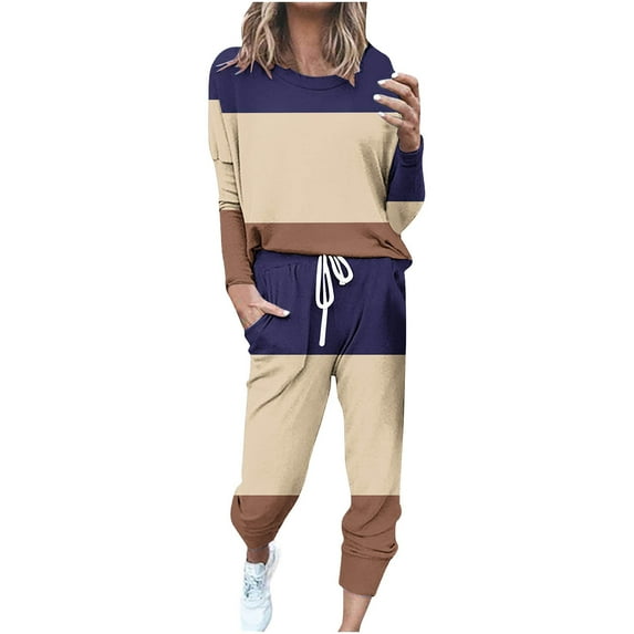 BXINGOHAI Womens Oversized 2 Piece Sets Fashion Color Block Sweatsuits Crewneck Long Sleeve Sweatshirt and Drawstring Elastic Waistband Sweatpants Casual Holiday Set Today Brown,L