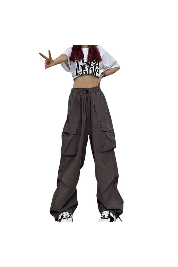 Womens Parachute Cargo Pants Lightweight Baggy Pants Drawstring Elastic Waist Work Pants Outdoor Athletic Running Trousers Today Sales Gray,M