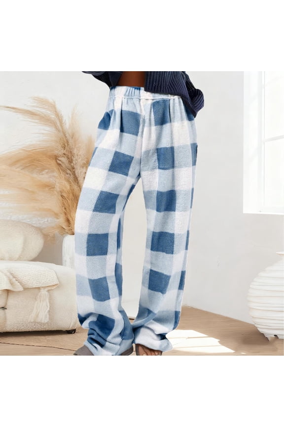 Womens Plaid Fluffy Pajama Pants Fuzzy Fleece Cozy Lounge Pants with Pockets Winter Warm Pj Bottoms