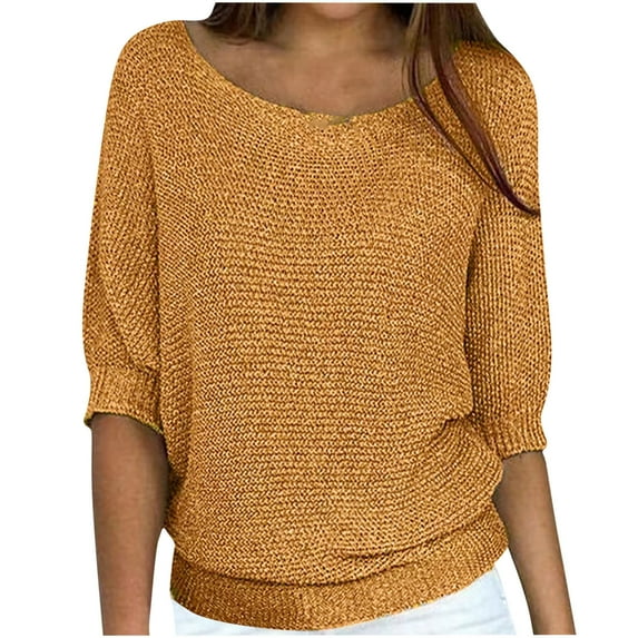 BXINGOHAI Womens Plus Size Sweaters Elegant 3/4 Sleeve Comfort Knitted Shirt Solid Lightweight Sweater 2024 Fall Winter Crewneck Knitwear Yellow,M