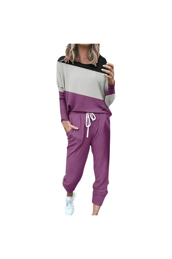Womens Plus Size Two Piece Sets Fashionable Color Block Long Sleeved Top and Drawstring Pants Outfits Casual Loungewear Sweatsuit With Pockets Sale Purple,S