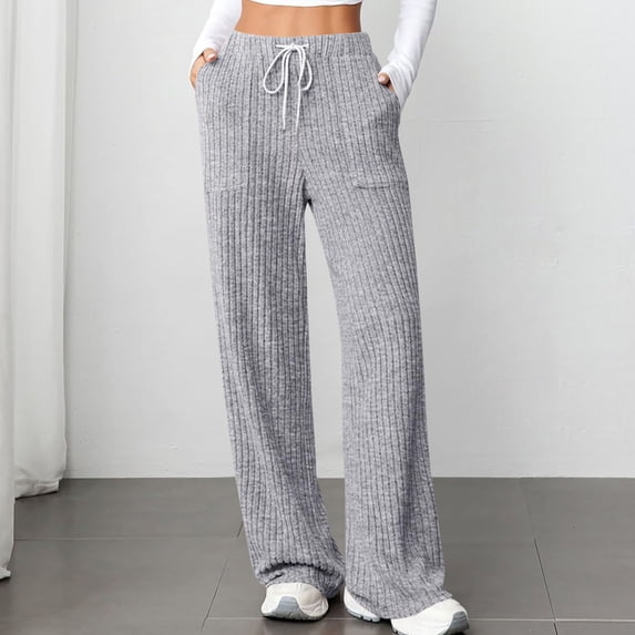 BXINGOHAI Womens Ribbed Wide Leg Lounge Pants with Pockets Casual Relaxed Comfy Loose Soft Knit Pajama Pants with Drawstring