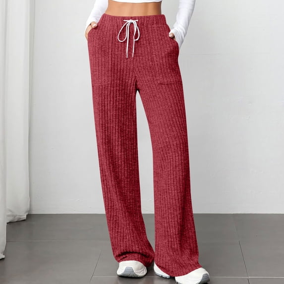 BXINGOHAI Womens Ribbed Wide Leg Lounge Pants with Pockets Casual Relaxed Comfy Loose Soft Knit Pajama Pants with Drawstring