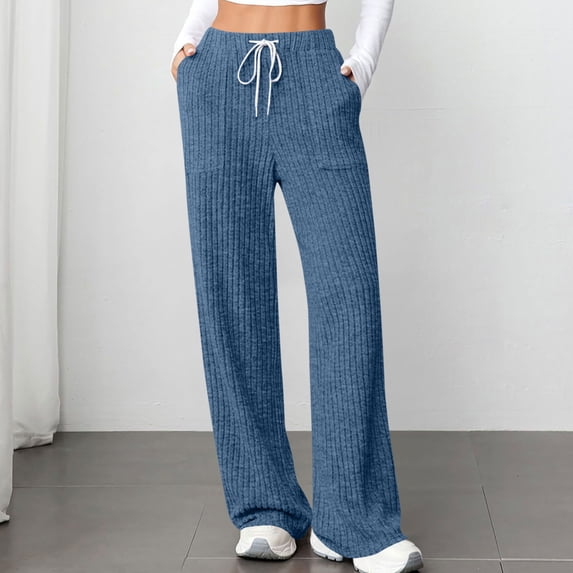 BXINGOHAI Womens Ribbed Wide Leg Lounge Pants with Pockets Casual Relaxed Comfy Loose Soft Knit Pajama Pants with Drawstring