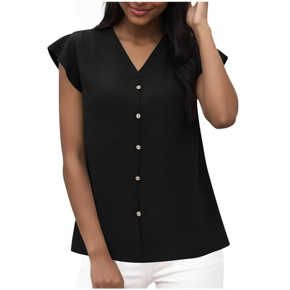 BXINGOHAI Womens Short Sleeve Shirts V Neck Collared Button Down Shirt Tops with Pockets Black XL