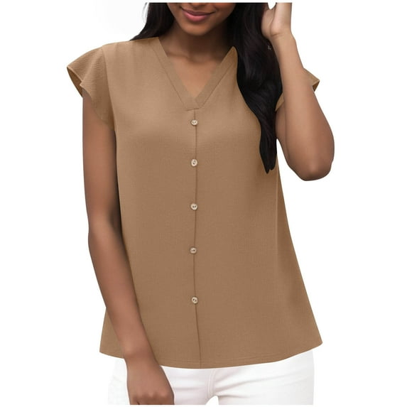 BXINGOHAI Womens Short Sleeve Shirts V Neck Collared Button Down Shirt Tops with Pockets Khaki XL