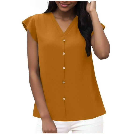 BXINGOHAI Womens Short Sleeve Shirts V Neck Collared Button Down Shirt Tops with Pockets Yellow L