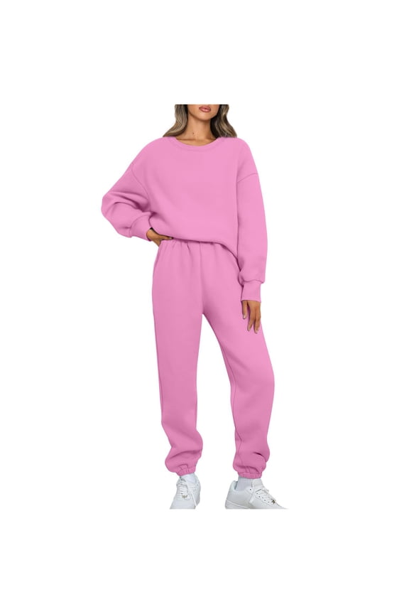 Womens Solid 2 Piece Sweatsuits Thin Fleece Pullover Sets Fall Winter Long Sleeved Weatshirts and Elastic Waistband Drawstring Sweatpants Pink,L
