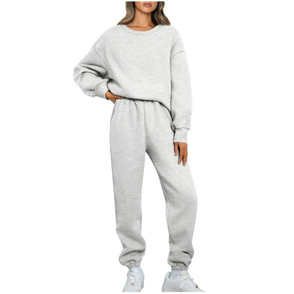 BXINGOHAI Womens Solid 2 Piece Sweatsuits Thin Fleece Pullover Sets Fall Winter Long Sleeved Weatshirts and Elastic Waistband Drawstring Sweatpants Gray,M