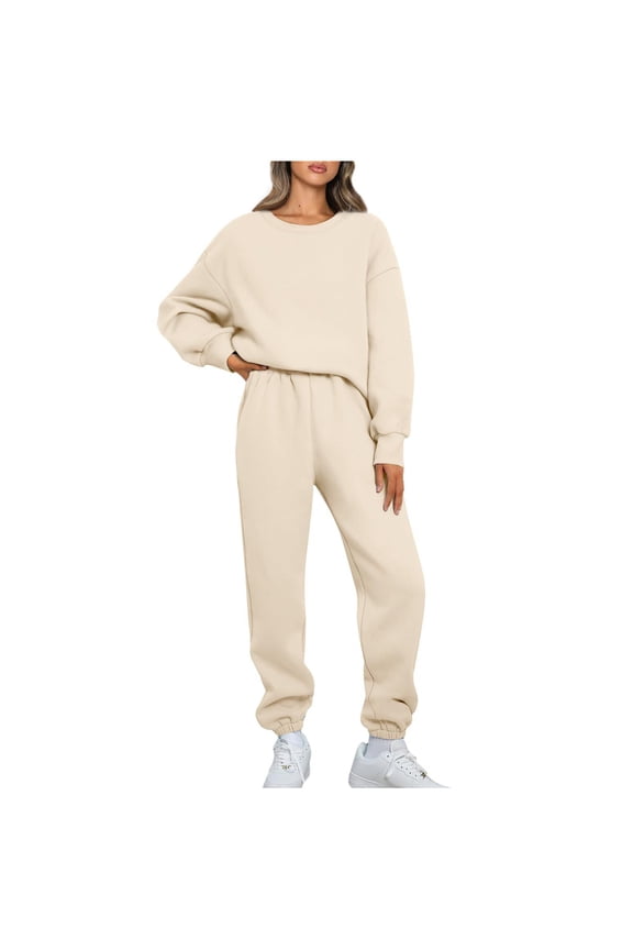 Womens Solid 2 Piece Sweatsuits Thin Fleece Pullover Sets Fall Winter Long Sleeved Weatshirts and Elastic Waistband Drawstring Sweatpants Khaki,XL