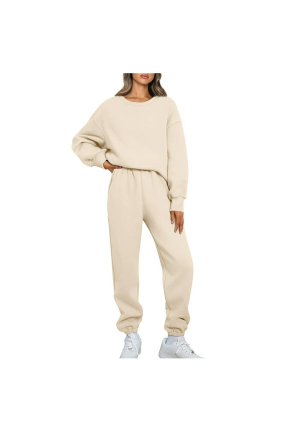 Womens Solid 2 Piece Sweatsuits Thin Fleece Pullover Sets Fall Winter Long Sleeved Weatshirts and Elastic Waistband Drawstring Sweatpants Today Sales Khaki,L