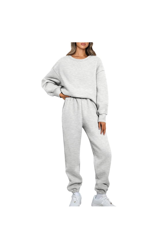 Womens Solid 2 Piece Sweatsuits Thin Fleece Pullover Sets Fall Winter Long Sleeved Weatshirts and Elastic Waistband Drawstring Sweatpants Today Gray,XL