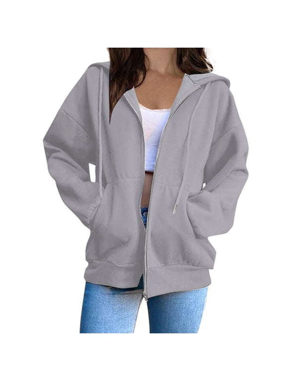 Womens Solid Jackets Zipper Long Sleeve Tops Thin Fleece Coat Casual Fall Daily Outwear With Pockets Today Dark Gray,L