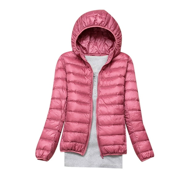 BXINGOHAI Womens Solid Puffer Jacket Full Zip Up Long Sleeve Hooded Coats Fall Winter Keep Warm Tops Lightweight Jackets Pink,S