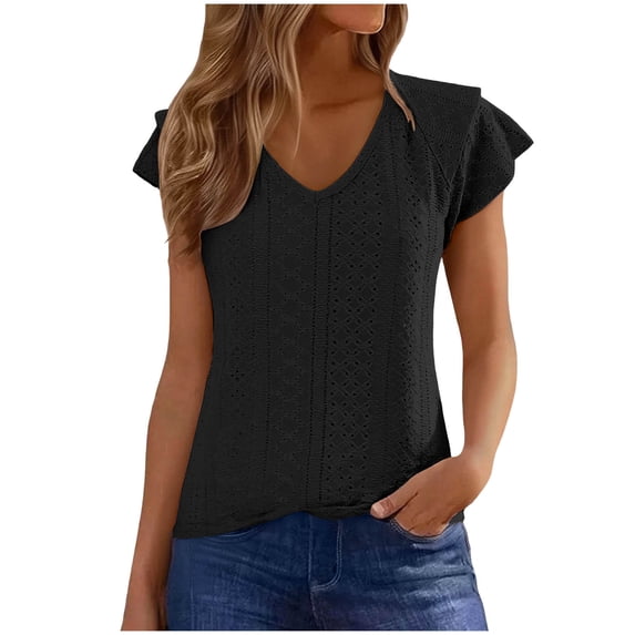BXINGOHAI Womens Summer Tops Cap Sleeve Trendy V Neck Loose Fit T Shirts Black L