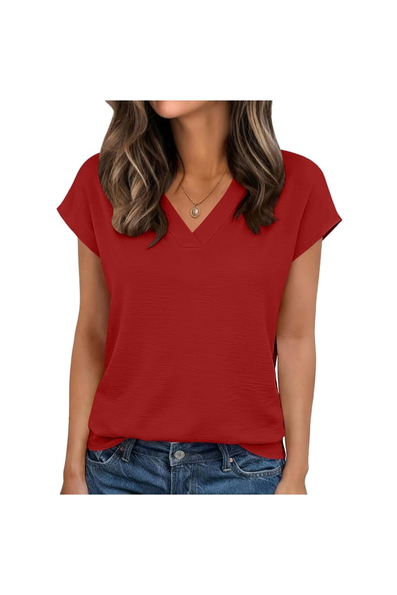 Womens Summer V Neck T Shirts Casual Short Sleeve Flowy Tops Cute Loose Fit Basic Tees Red XL