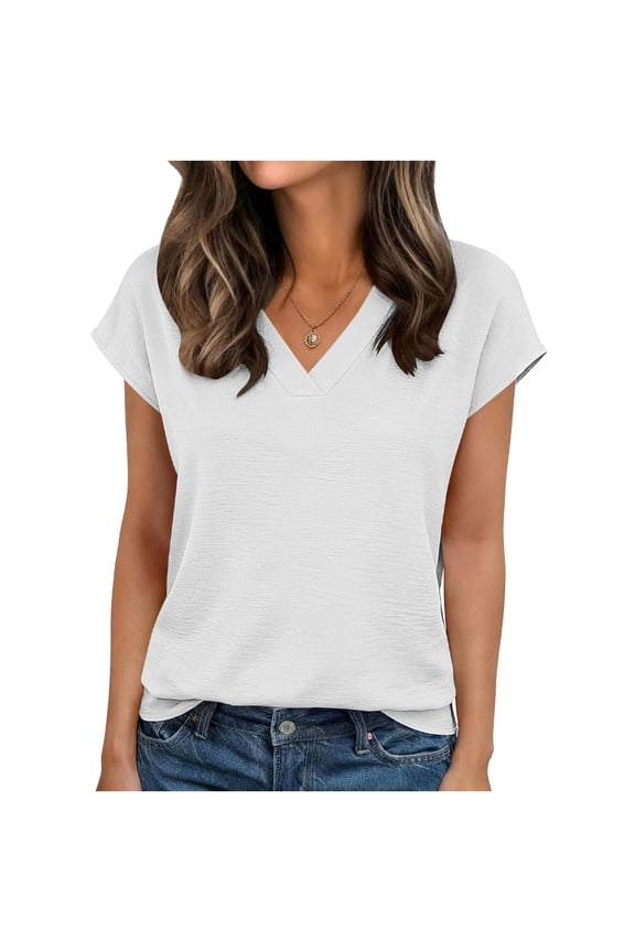 Womens Summer V Neck T Shirts Casual Short Sleeve Flowy Tops Cute Loose Fit Basic Tees White L