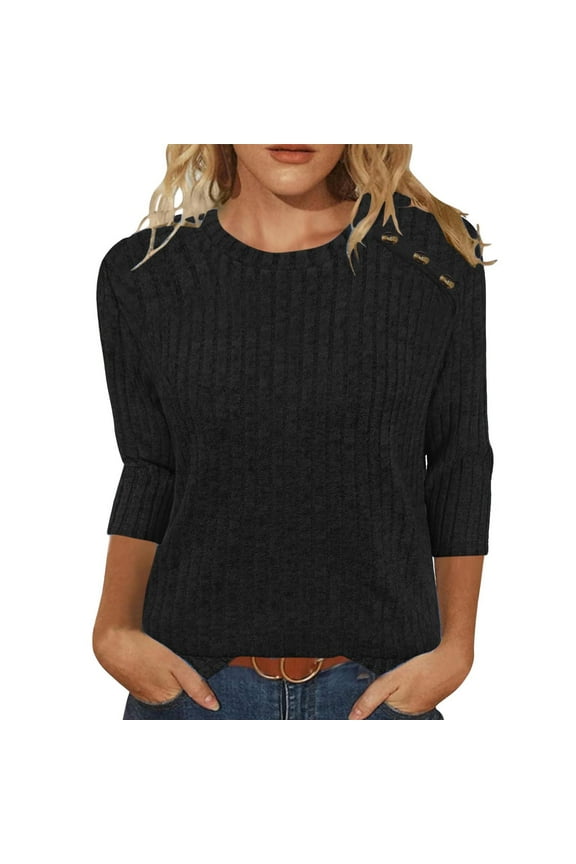 Womens Sweaters Fall Fashion 3/4 Length Sleeve Tops Crew Neck Button Shirts Casual Pullover Cute Winter Clothes Black S