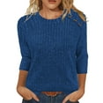 thumbnail image 1 of BXINGOHAI Womens Sweaters Fall Fashion 3/4 Length Sleeve Tops Crew Neck Button Shirts Casual Pullover Cute Winter Clothes Blue M, 1 of 5