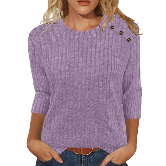 BXINGOHAI Womens Sweaters Fall Fashion 3/4 Length Sleeve Tops Crew Neck Button Shirts Casual Pullover Cute Winter Clothes Purple 2XLL