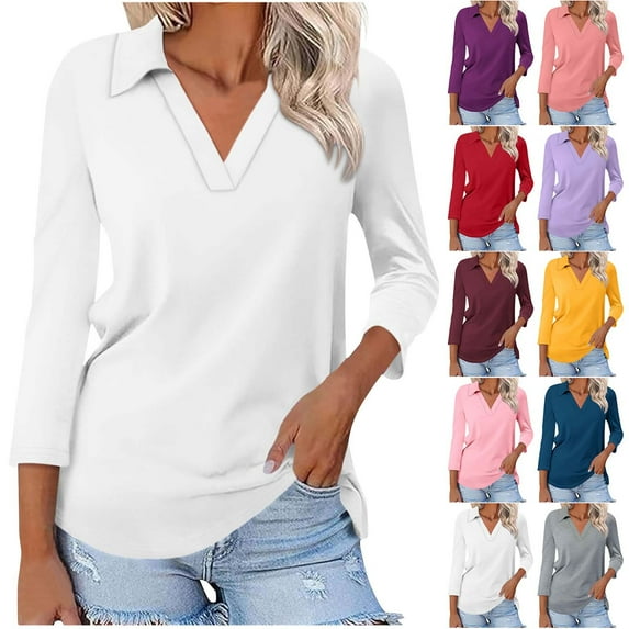 BXINGOHAI Womens Tops 3/4 Sleeve Shirts Business Casual V Neck Collared Shirts Basic Tees Blouse Today L