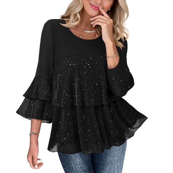 BXINGOHAI Womens Tops Dressy Casual 3/4 Tiered Bell Sleeve Blouses Double Layered Chiffon Work Tunic Shirts Black XL