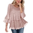 thumbnail image 1 of BXINGOHAI Womens Tops Dressy Casual 3/4 Tiered Bell Sleeve Blouses Double Layered Chiffon Work Tunic Shirts Pink 2XL, 1 of 7