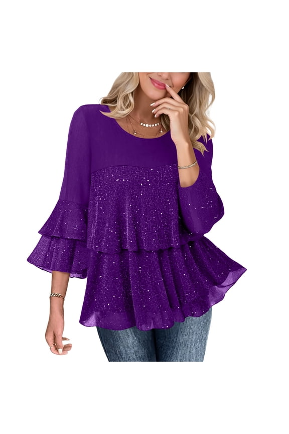 Womens Tops Dressy Casual 3/4 Tiered Bell Sleeve Blouses Double Layered Chiffon Work Tunic Shirts Purple XL