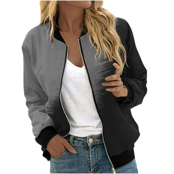 BXINGOHAI Womens Trendy Bomber Jackets Lightweight Zip Up Coat With Pocket Color Block Long Sleeved Jacket 2024 Cropped Moto Biker Outwear Gray,XXL