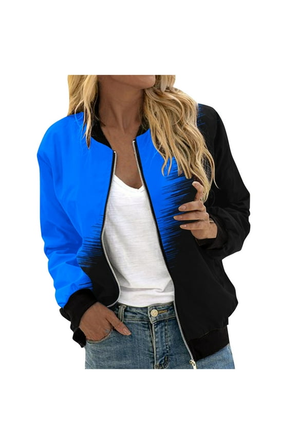 Womens Trendy Bomber Jackets Lightweight Zip Up Coat With Pocket Color Block Long Sleeved Jacket 2024 Cropped Moto Biker Outwear Today Blue,L
