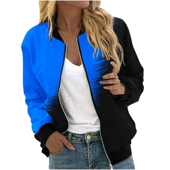 BXINGOHAI Womens Trendy Bomber Jackets Lightweight Zip Up Coat With Pocket Color Block Long Sleeved Jacket 2024 Cropped Moto Biker Outwear Today Sales Blue,XL