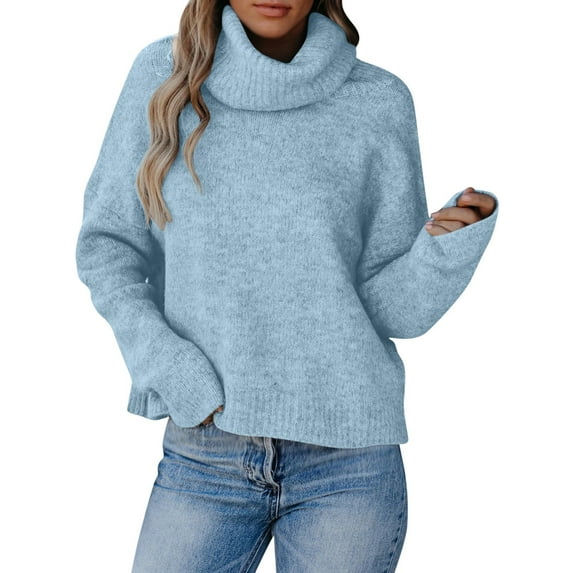BXINGOHAI Womens Turtleneck Sweater 2024 Fall Winter Shirts Fashion Chunky Knit Sweaters Outdoor Casual Pullover Jumper Tops Today Blue,XXL