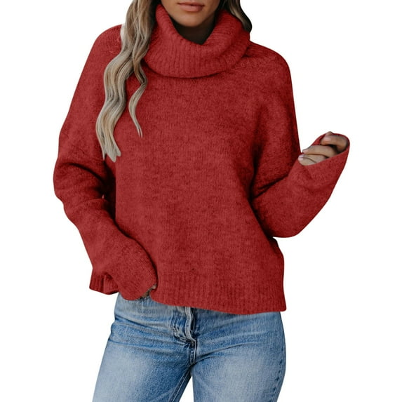 BXINGOHAI Womens Turtleneck Sweater 2024 Fall Winter Shirts Fashion Chunky Knit Sweaters Outdoor Casual Pullover Jumper Tops Today Sales Red,XXXL