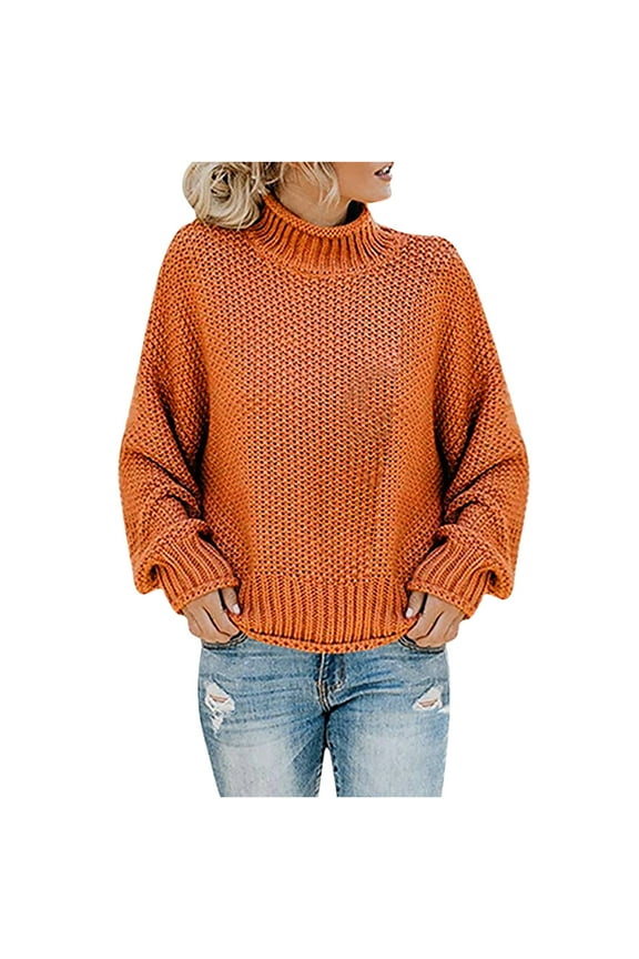 Womens Turtleneck Sweater Loose Chunky Knitted Pullover Tops Casual Solid Color Long Sleeve Jumper Fall Winter Leisure Sweaters Orange,S
