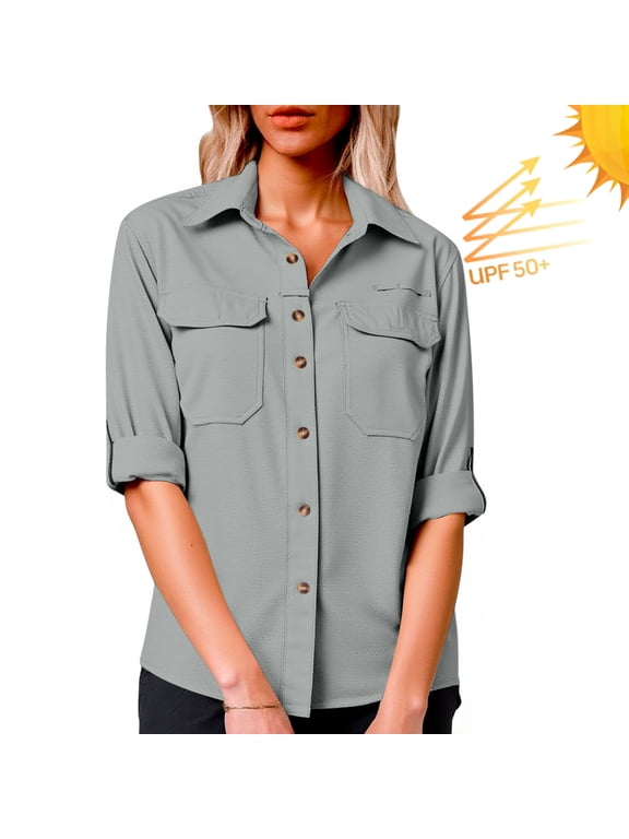 Womens UPF 50+ UV Sun Protection Shirts Long Sleeve Outdoor Cool Quick Dry Fishing Hiking Gardening Shirts Gray S
