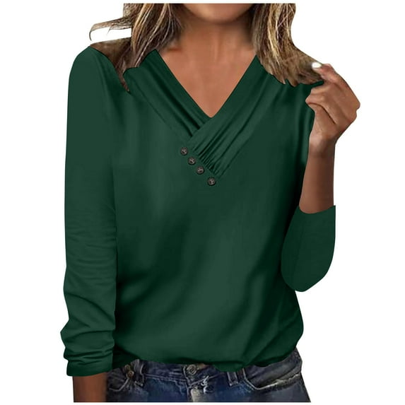 BXINGOHAI Womens V Neck Button Tops Casual Long Sleeve Henley Shirts Lightweight Work Blouse Tunics Under $10 Army Green,XXXL