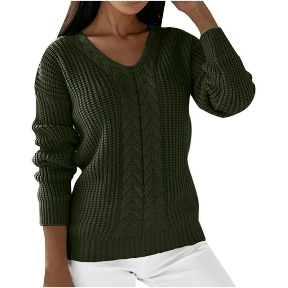 BXINGOHAI Womens V Neck Sweaters Knitted Long Sleeved Pullover Tops Loose Fit Jumper Tops 2024 Trendy Daily Sweater Army Green,M