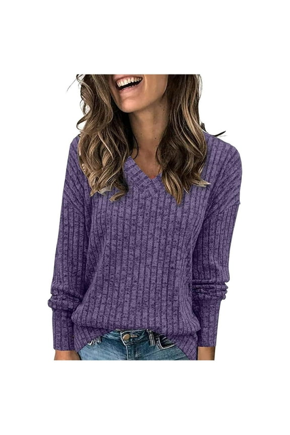 Womens V Neck Sweaters Solid Long Sleeve Pullover Tops Lightweight Loose Fit Tunic 2024 Fashion Sweater Today Purple,XL